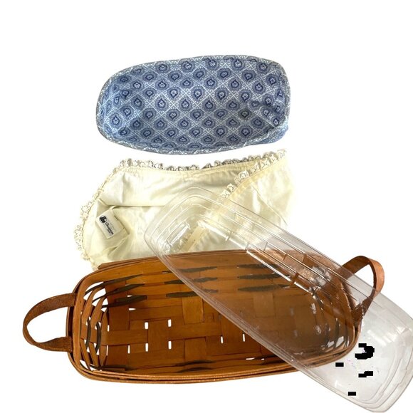 Longaberger Cracker Basket Blue & Cream Liners Plastic Protector Leather Handles - Picture 3 of 12